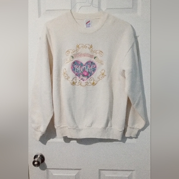 Jerzees Tops - Jerzees Cream and Pink Hoodie with Elegant Emblem